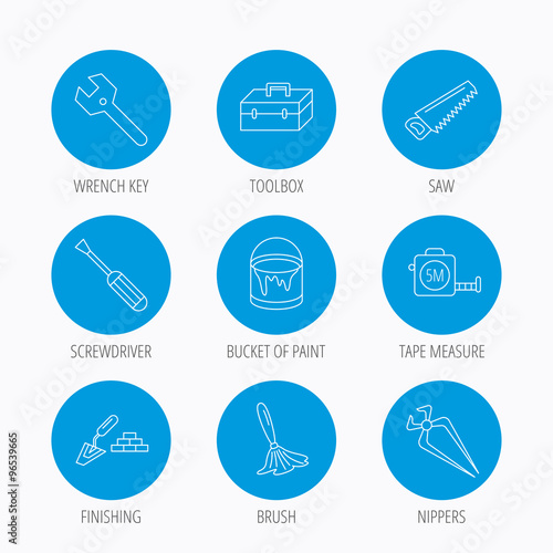 Wrench key, screwdriver and paint brush icons.