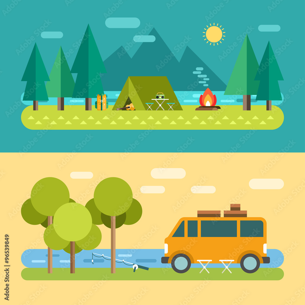 Camp Concept. Tourist Tent on the Lake. Minivan on the River, Fishing. Vector Illustration in Flat Design Style for Web Banners or Promotional Materials