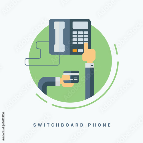 Flat Style Vector Illustration. Switchboard Phone Concept. Human Hands Holding Business Card and Pressing Button on the Phone