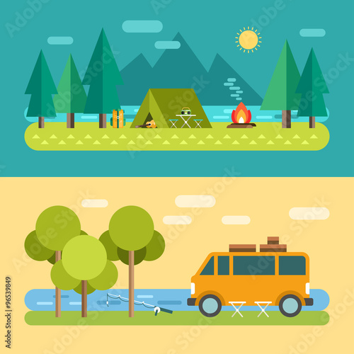 Camp Concept. Tourist Tent on the Lake. Minivan on the River, Fishing. Vector Illustration in Flat Design Style for Web Banners or Promotional Materials © antartstock