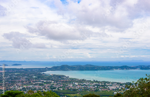 view of Phuket town, sea, mountains.