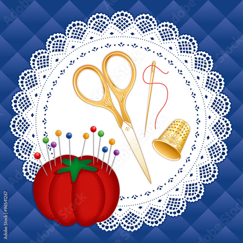 Gold Vintage Sewing Set, engraved embroidery scissors, thimble, needle, pincushion with straight pins on lace doily, quilt background for diy needlework, sewing, tailoring, quilting, textile arts.