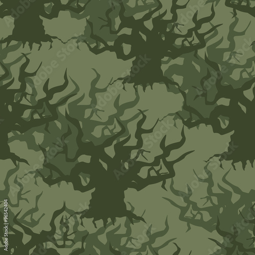 Military camouflage background of old trees. Protective seamless