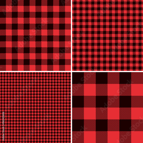 Red Buffalo Check Plaid Patterns. Lumberjack Flannel Shirt Inspired. Square Pixel Gingham. Seamless Tiles. Trendy Hipster Style Backgrounds. Vector File's Pattern Swatches made with Global Colors.