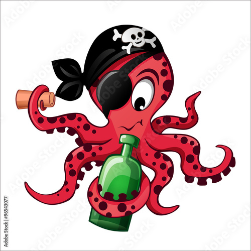 Cartoon pirate octopus with bottle
