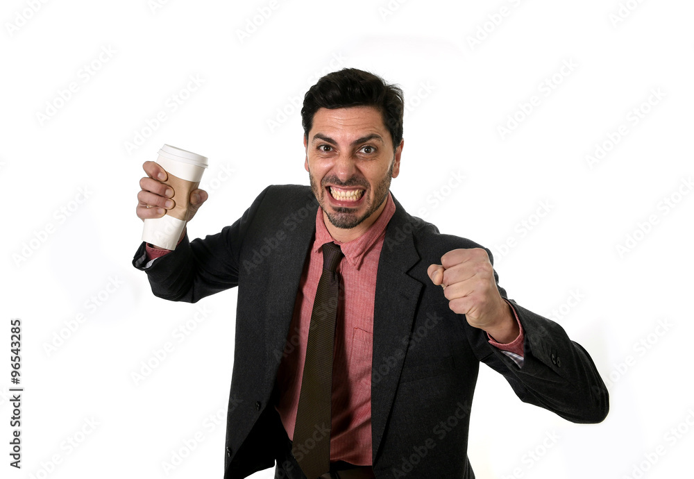 stressed businessman in suit and tie crushing empty cup of take away coffee in caffeine addiction concept stressed businessman in suit and tie crushing empty cup of take away coffee in caffeine addiction concept