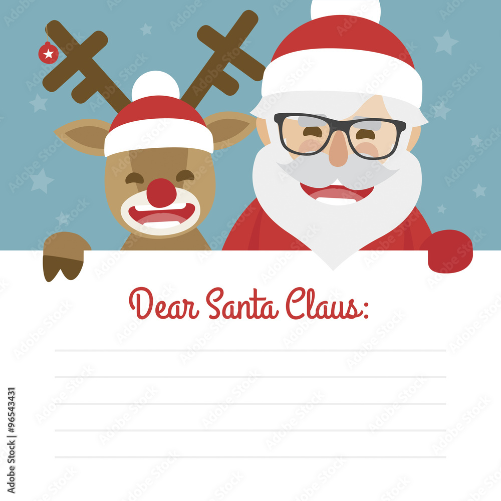 Fototapeta Letter merry christmas illustration of santa claus and red nosed reindeer on blue background. dear santa claus