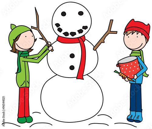 Happy Kids building a snowman