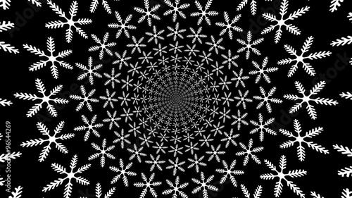 Concentric, dashing, rotating, abstract symbols, snowflakes - optical, visual illusion. set of snowflakes, departing from the center