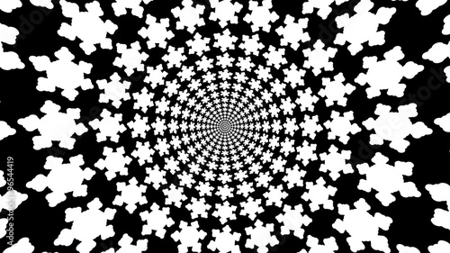 Concentric, dashing, rotating, abstract symbols, snowflakes - optical, visual illusion. set of snowflakes, departing from the center