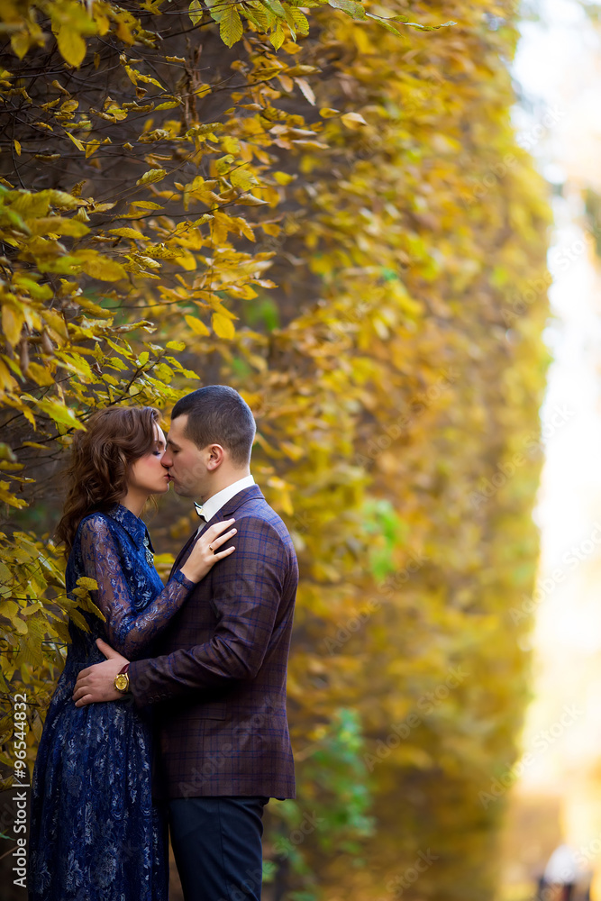 beautiful wedding couple in park. kiss and hug each other beautiful wedding couple in park. kiss and hug each other