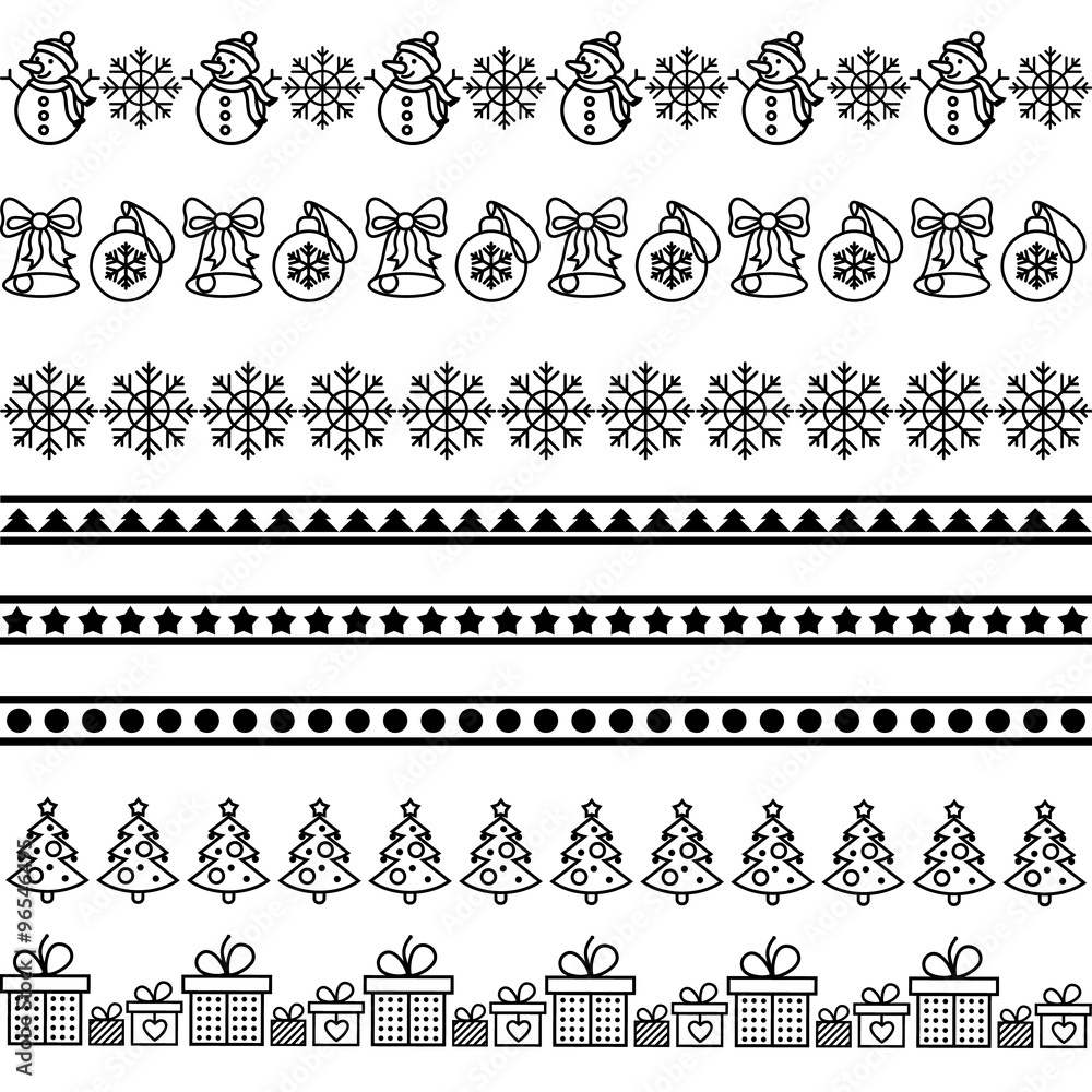 Christmas borders with snowman, snowflake, bells, gift, star. Vector illustration Christmas borders with snowman, snowflake, bells, gift, star. Vector illustration