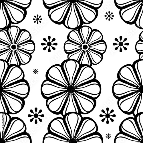 Black and white seamless pattern with fantasy flowers