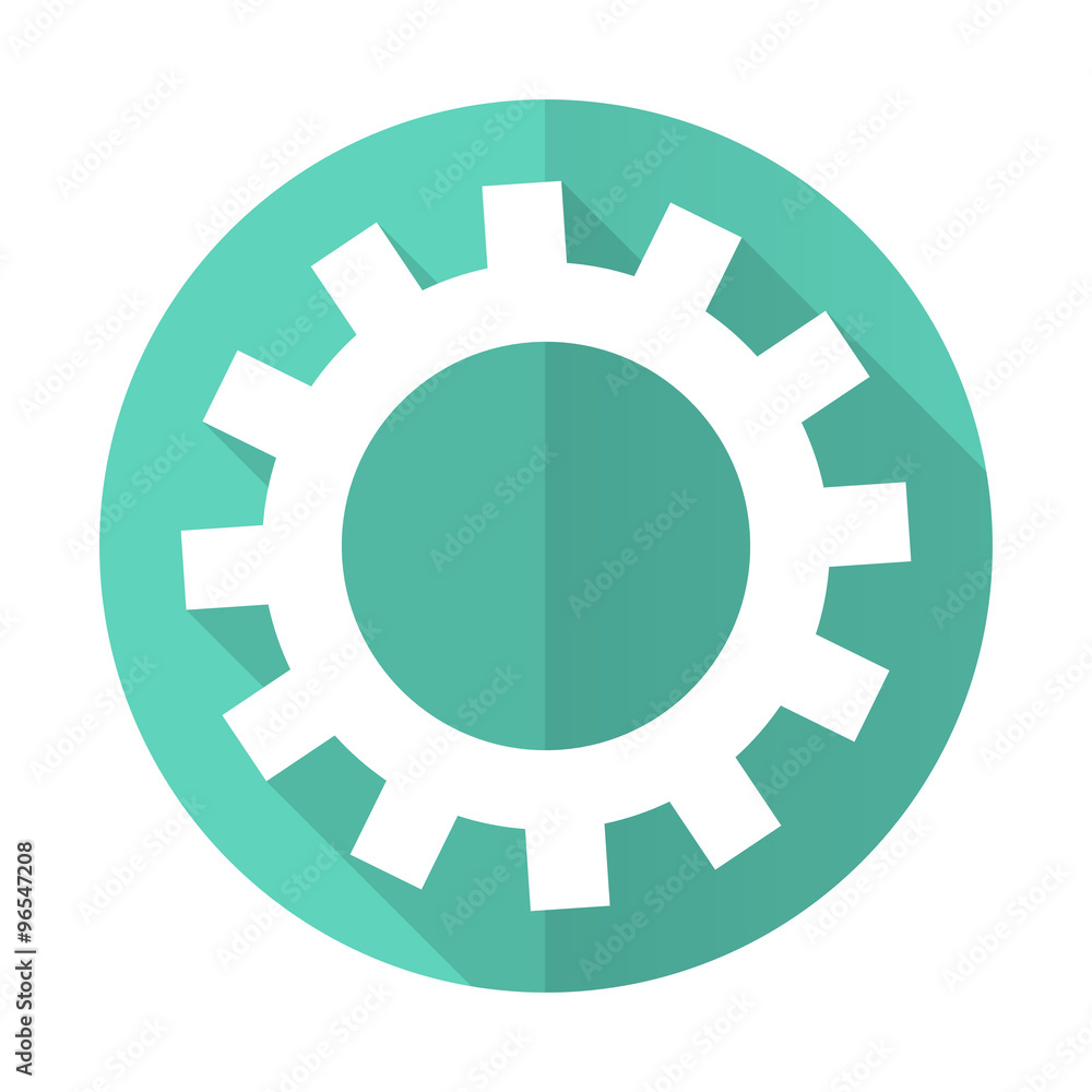 gear blue flat desgn circle icon with long shadow on white background
