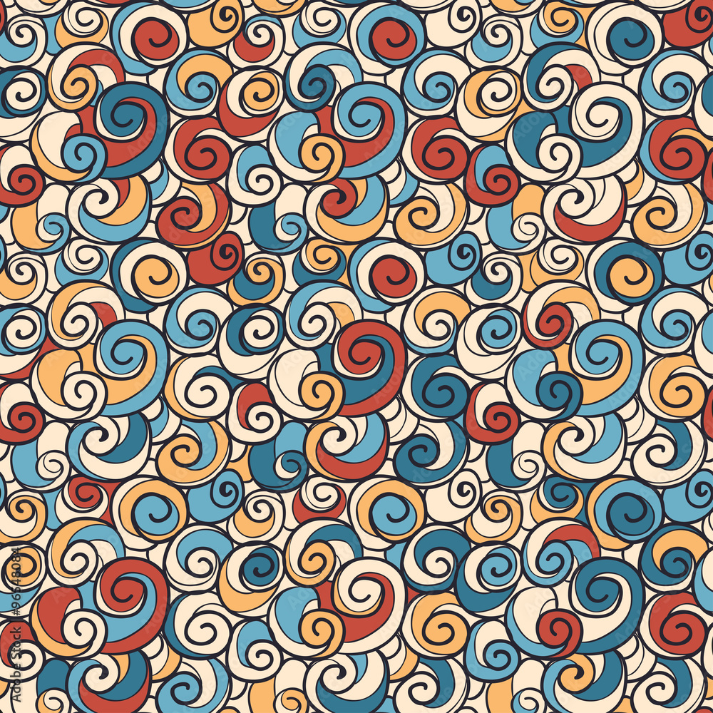 Bright hand drawn colorful swirls seamless background pattern
