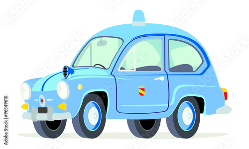 Caricatura Fiat 600 policía municipal italiana azul vista frontal y lateral