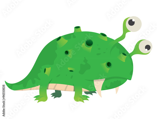 Funny green monster mutant eyes on four legs with fangs