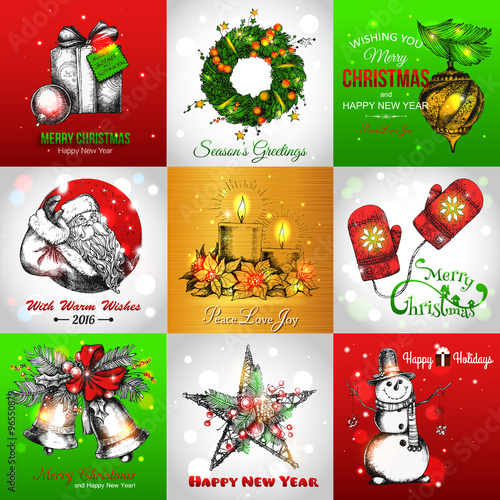 Set of Merry Christmas and Happy New Year vintage greeting cards with hand drawn sketch winter holidays symbols and blurred bokeh lights. Christmas gift box, snowman, christmas decorations, wreath