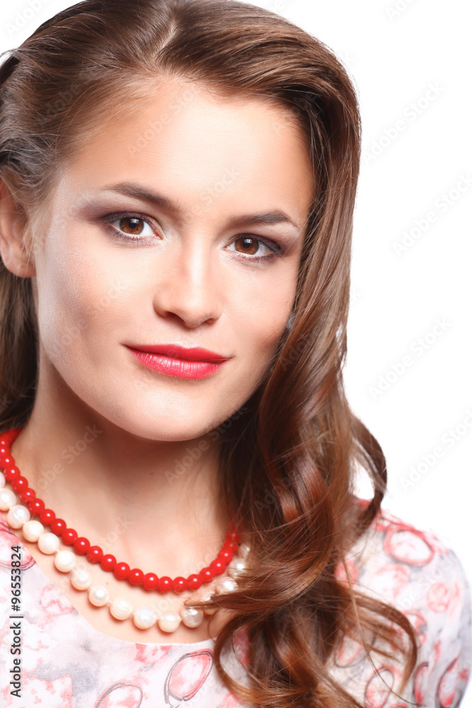 Portrait of young beautiful brunette woman in beads Portrait of young beautiful brunette woman in beads