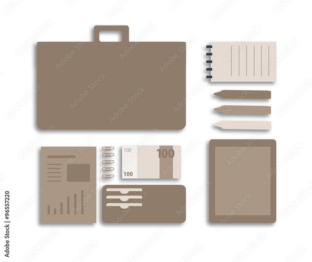 Conceptual flat illustration of a business person. Working on a digital tablet. Business tools, materials, documents and office elements in the workplace; on isolated background. Conceptual flat illustration of a business person. Working on a digital tablet. Business tools, materials, documents and office elements in the workplace; on isolated background.