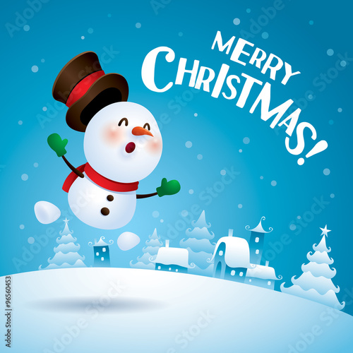Merry Christmas! Snowman jumping up in Christmas snow scene. 