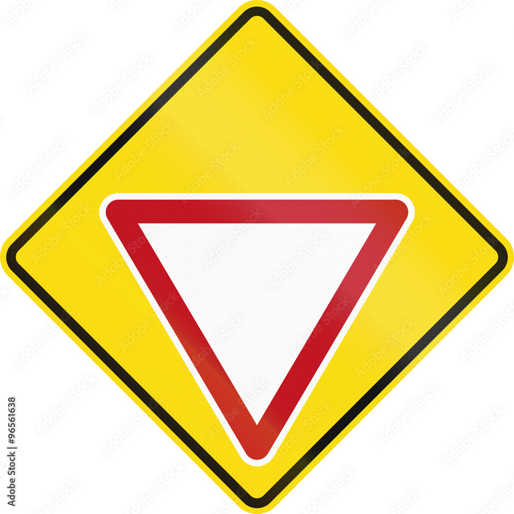 New Zealand road sign PW-2 - Give Way sign ahead New Zealand road sign PW-2 - Give Way sign ahead