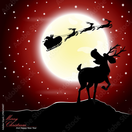 Deer afraid see Santa Claus riding a sleigh pulled by reindeer with the moon as a background
