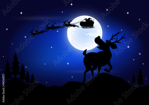 Deer afraid see Santa Claus riding a sleigh pulled by reindeer with the moon as a background