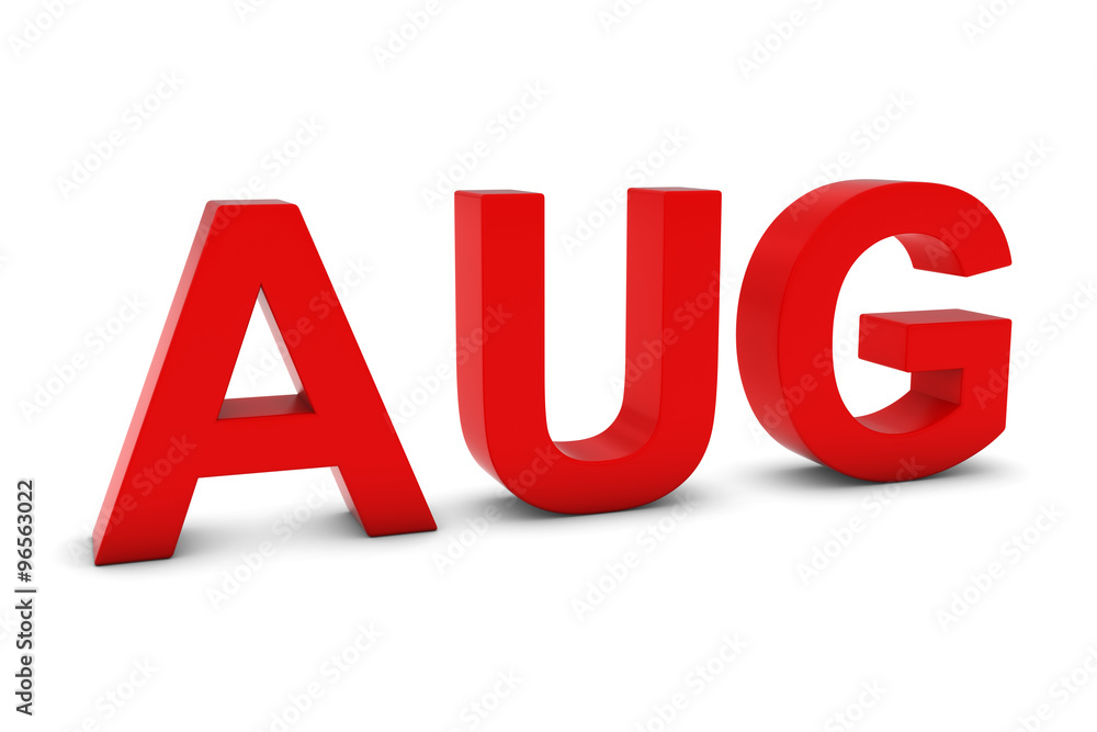 AUG Red 3D Text - August Month Abbreviation on White AUG Red 3D Text - August Month Abbreviation on White