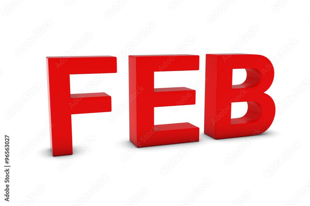 FEB Red 3D Text - February Month Abbreviation on White FEB Red 3D Text - February Month Abbreviation on White
