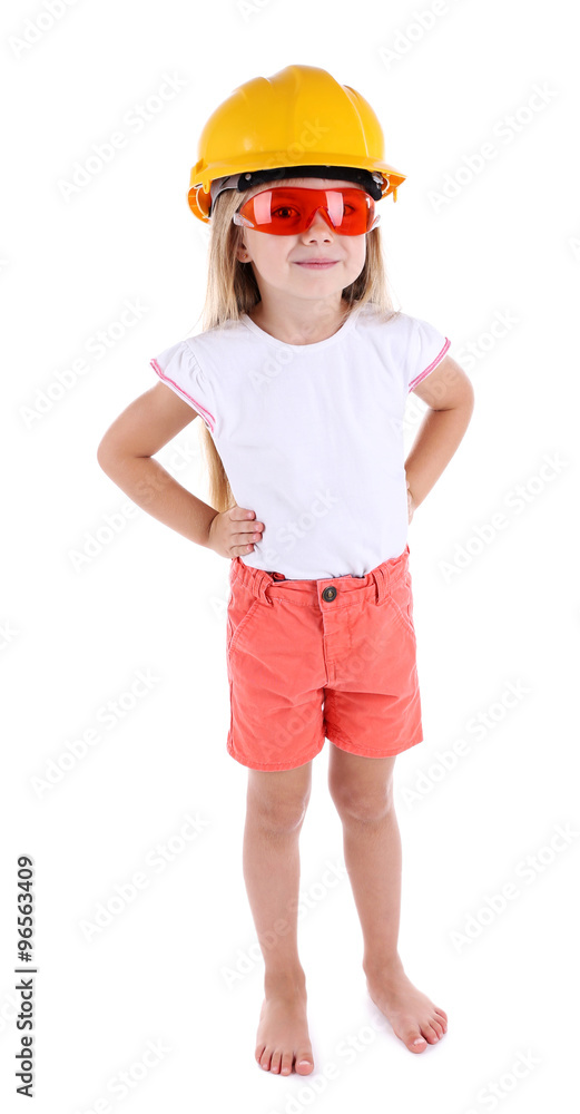 Little girl with toy tools isolated on white Little girl with toy tools isolated on white