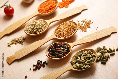 Variety of spices in spoons on the kitchen table