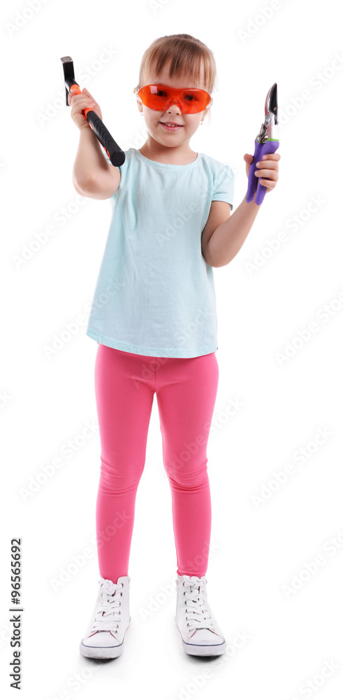 Little girl with tools isolated on white Little girl with tools isolated on white