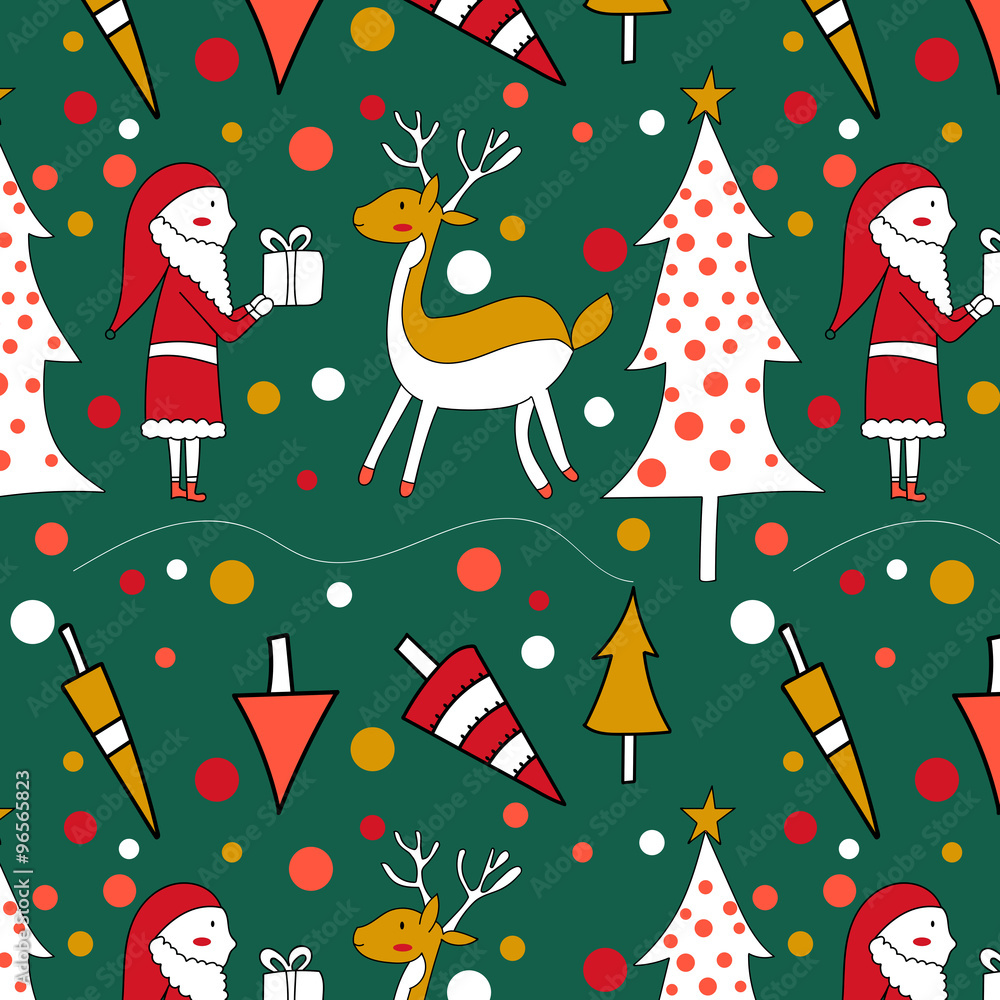 Seamless pattern with a Christmas tree, Santa and deer Seamless pattern with a Christmas tree, Santa and deer
