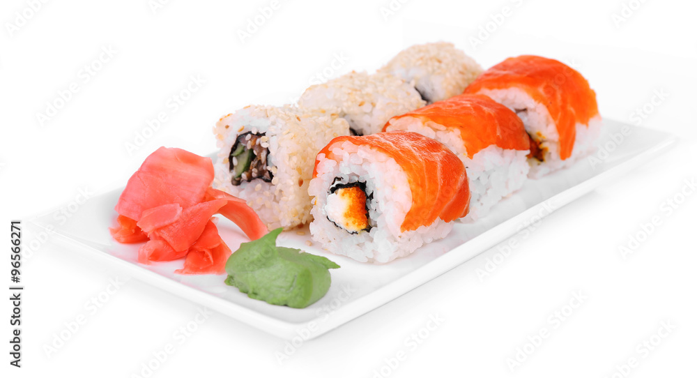 Tasty rolls, ginger and wasabi isolated on white Tasty rolls, ginger and wasabi isolated on white