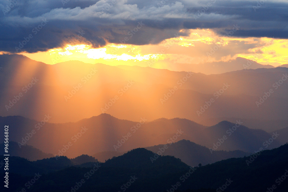 Beautiful sunset with twilight at scenic point at Doi Chang Moob