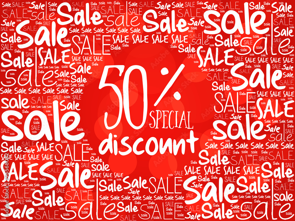 50% Special Discount word cloud background, business concept