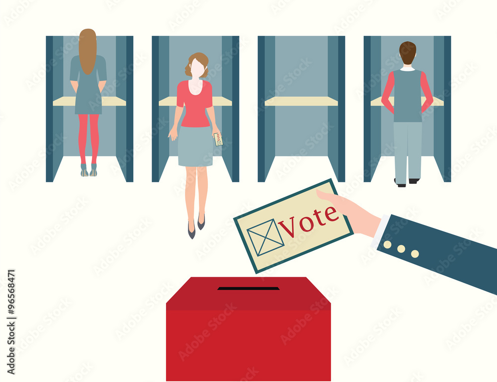 Obraz premium Voting booths with men and women casting their ballots at a poll