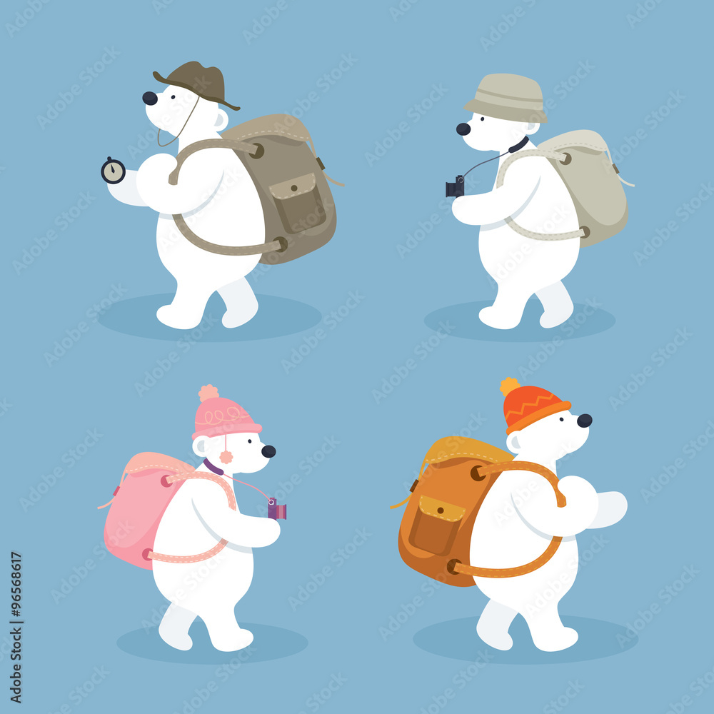 Arctic Polar Bear Characters, Backpacker, Winter, Nature Travel and Wildlife, Explorer, Discovery