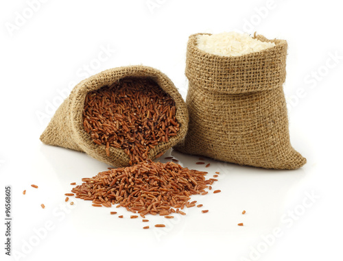 Red and white rice grain on white background