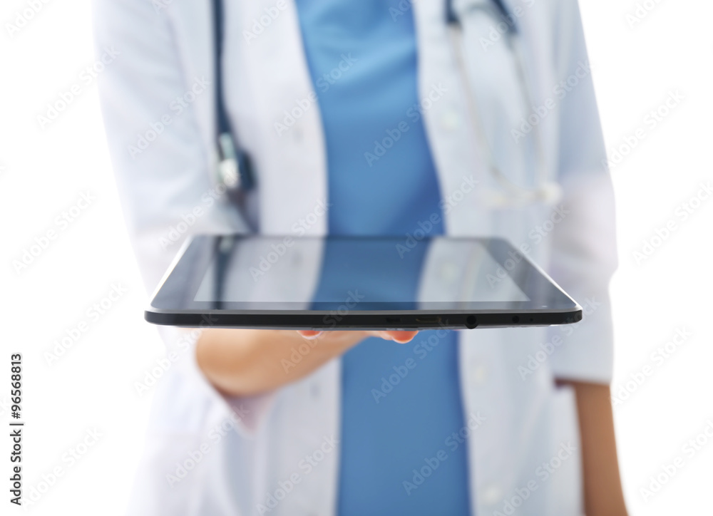 Smiling medical doctor holding a tablet isolated on white, close-up Smiling medical doctor holding a tablet isolated on white, close-up