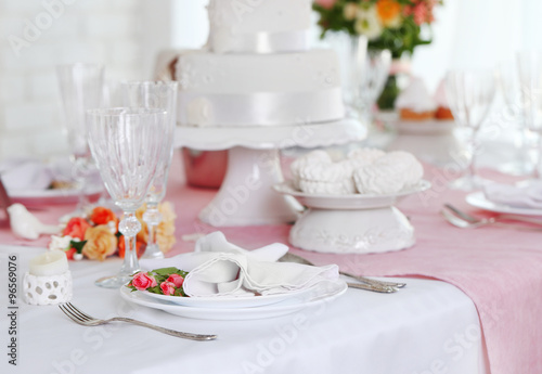 Beautiful served table for wedding or other celebration in restaurant