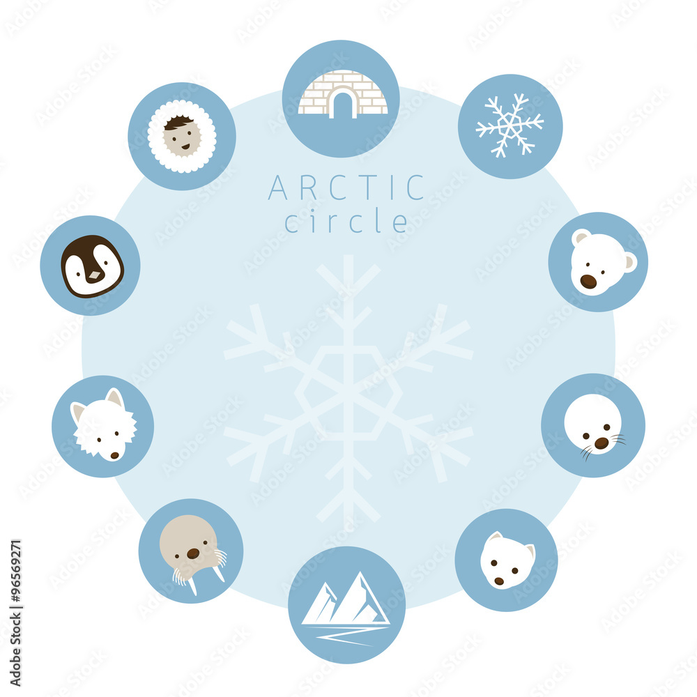 Arctic Animals, People, Icons Circle Frame, Winter, Nature Travel and Wildlife