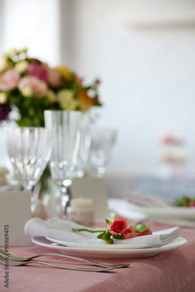 Beautiful served table for wedding or other celebration in restaurant Beautiful served table for wedding or other celebration in restaurant