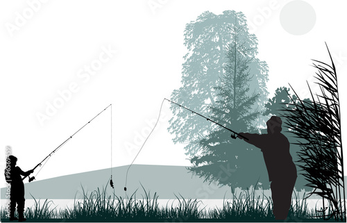 two fishermen in rush on white