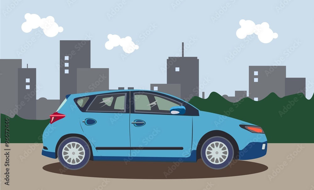 The car on a background of the city. Vector illustration.