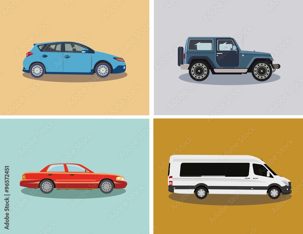 A selection of different cars. Vector illustration. A selection of different cars. Vector illustration.