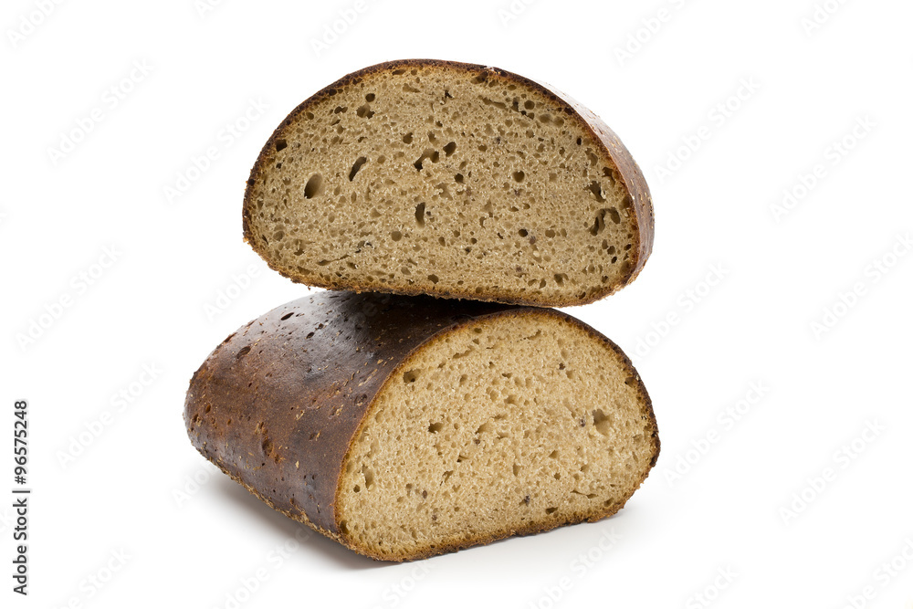 Dark rue bread on a white background. Dark rue bread on a white background.