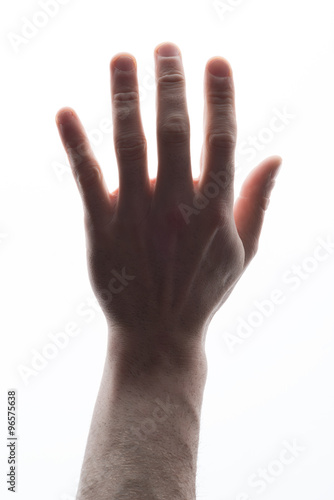 Mans hand showing five count on white