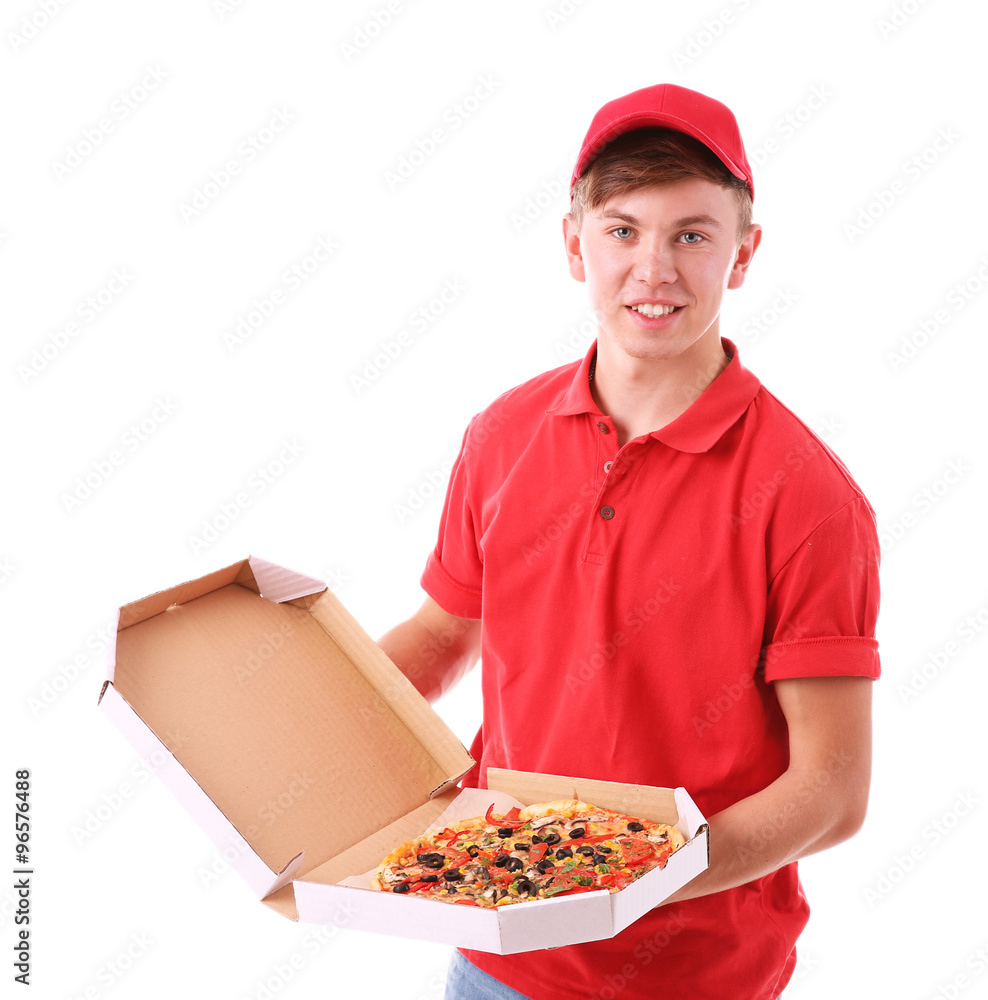 Delivery boy with cardboard pizza box isolated on white Delivery boy with cardboard pizza box isolated on white